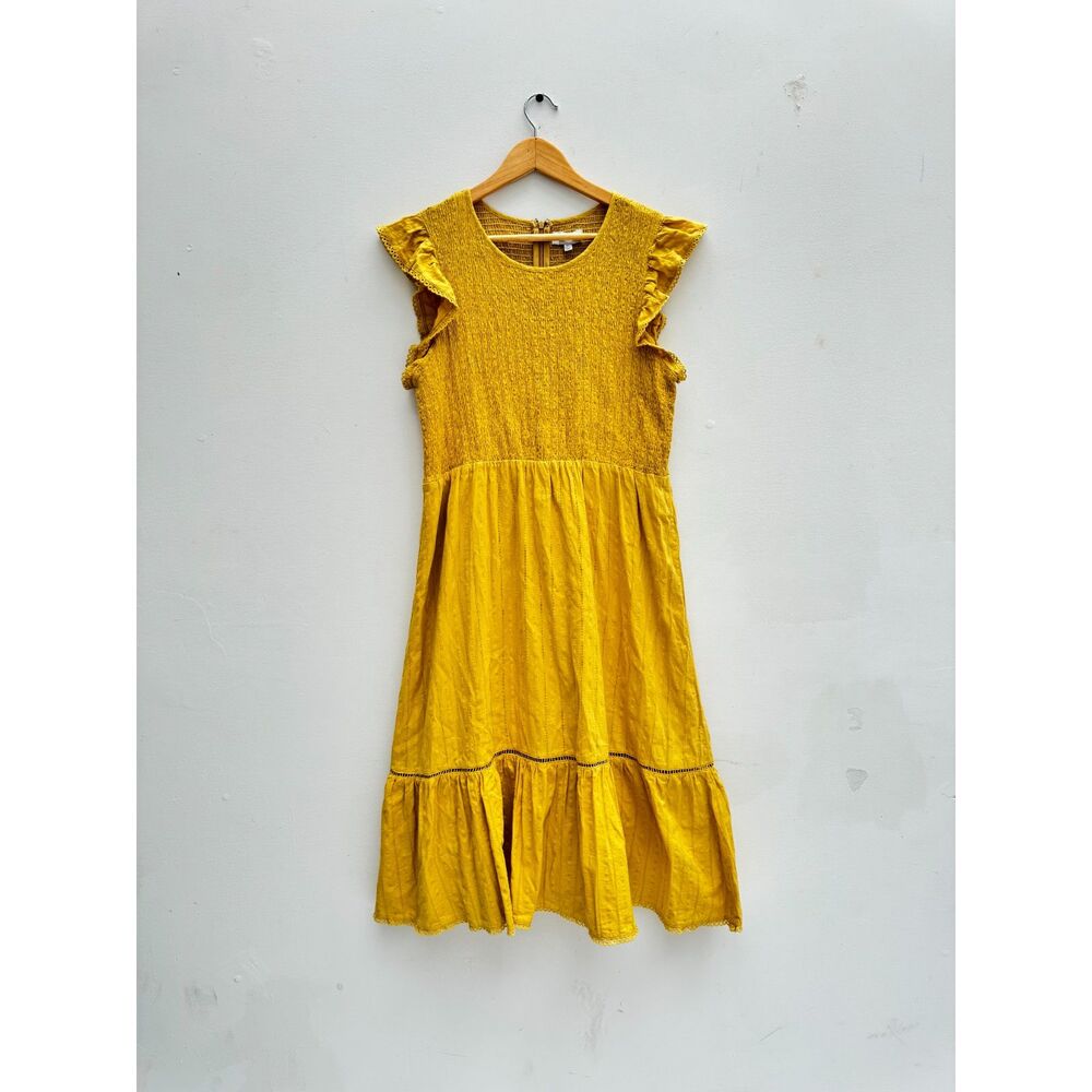 Lost + Wander Mustard Yellow Smocked Midi Dress Size XL Ruffle Sleeve Tiered